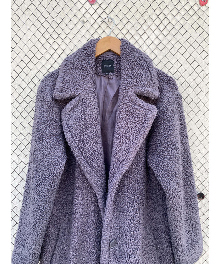 Dark gray, long, teddy coat
