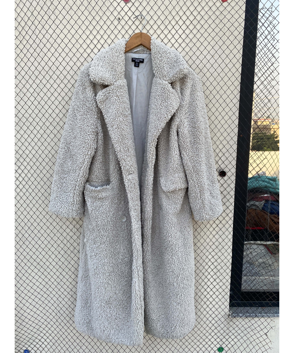 Light gray, long, teddy coat