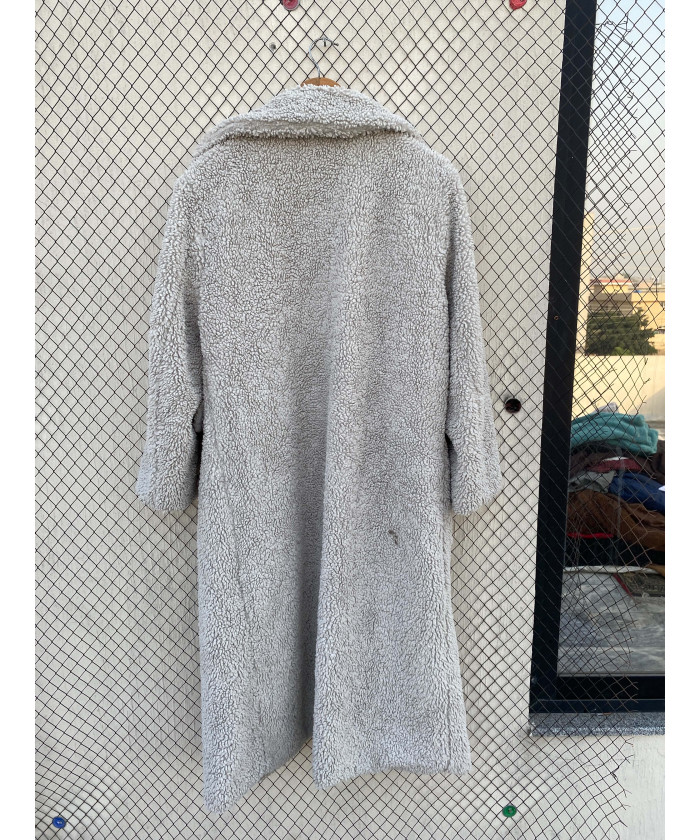 Light gray, long, teddy coat
