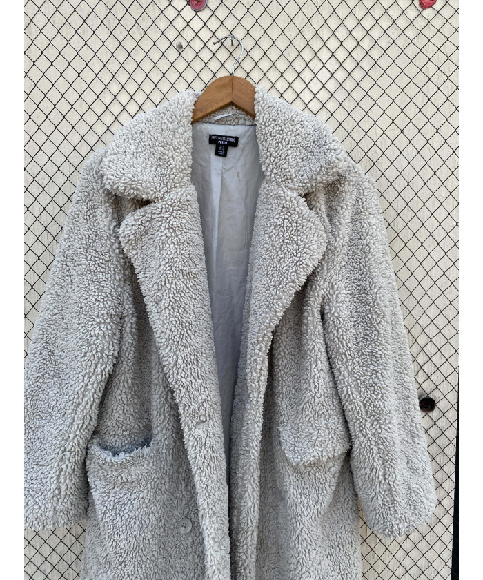 Light gray, long, teddy coat