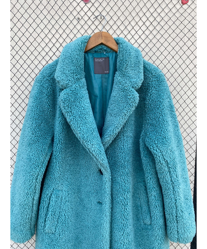 Sea green-colored, long, teddy coat