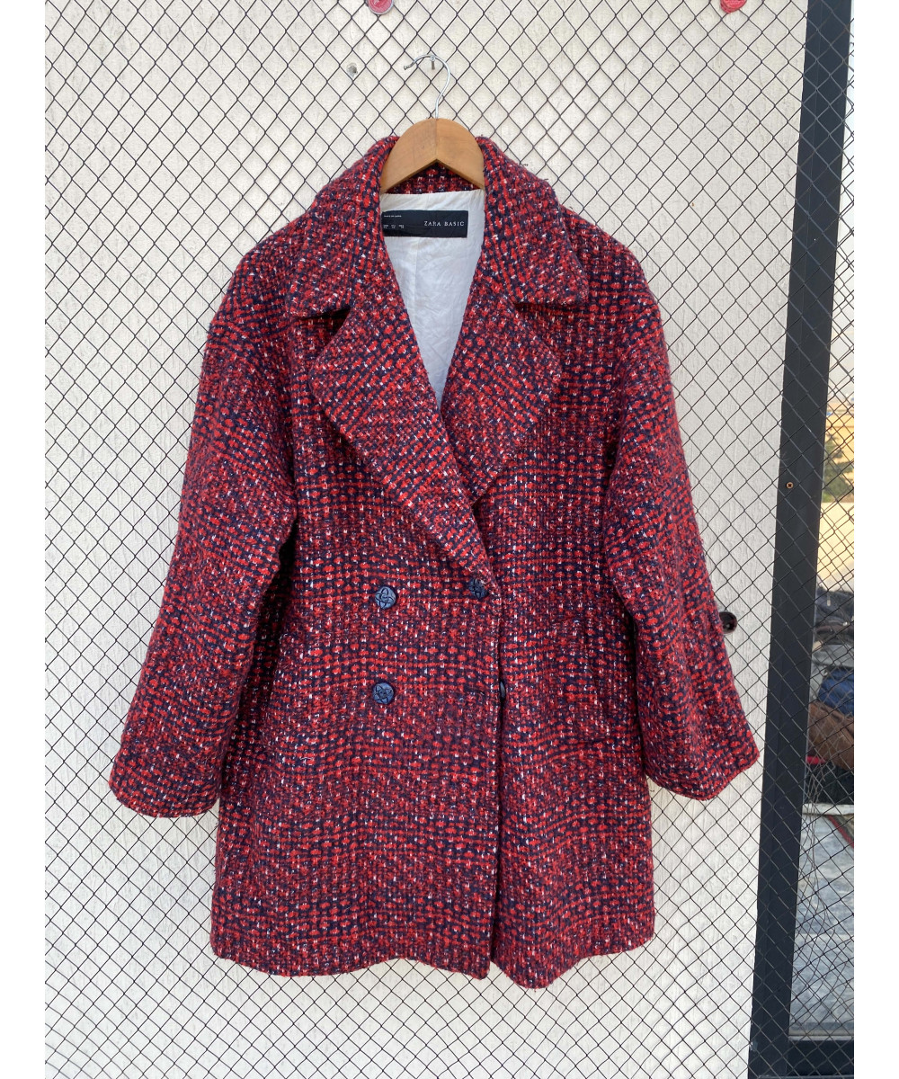 Red, patterned, double-breasted, wool coat