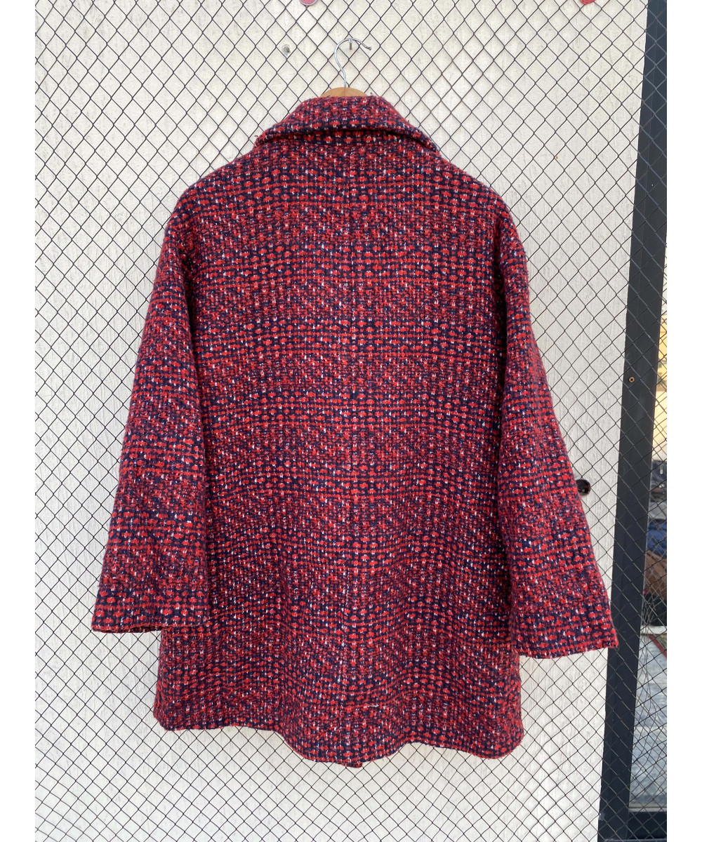 Red, patterned, double-breasted, wool coat