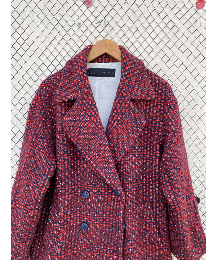 Red, patterned, double-breasted, wool coat
