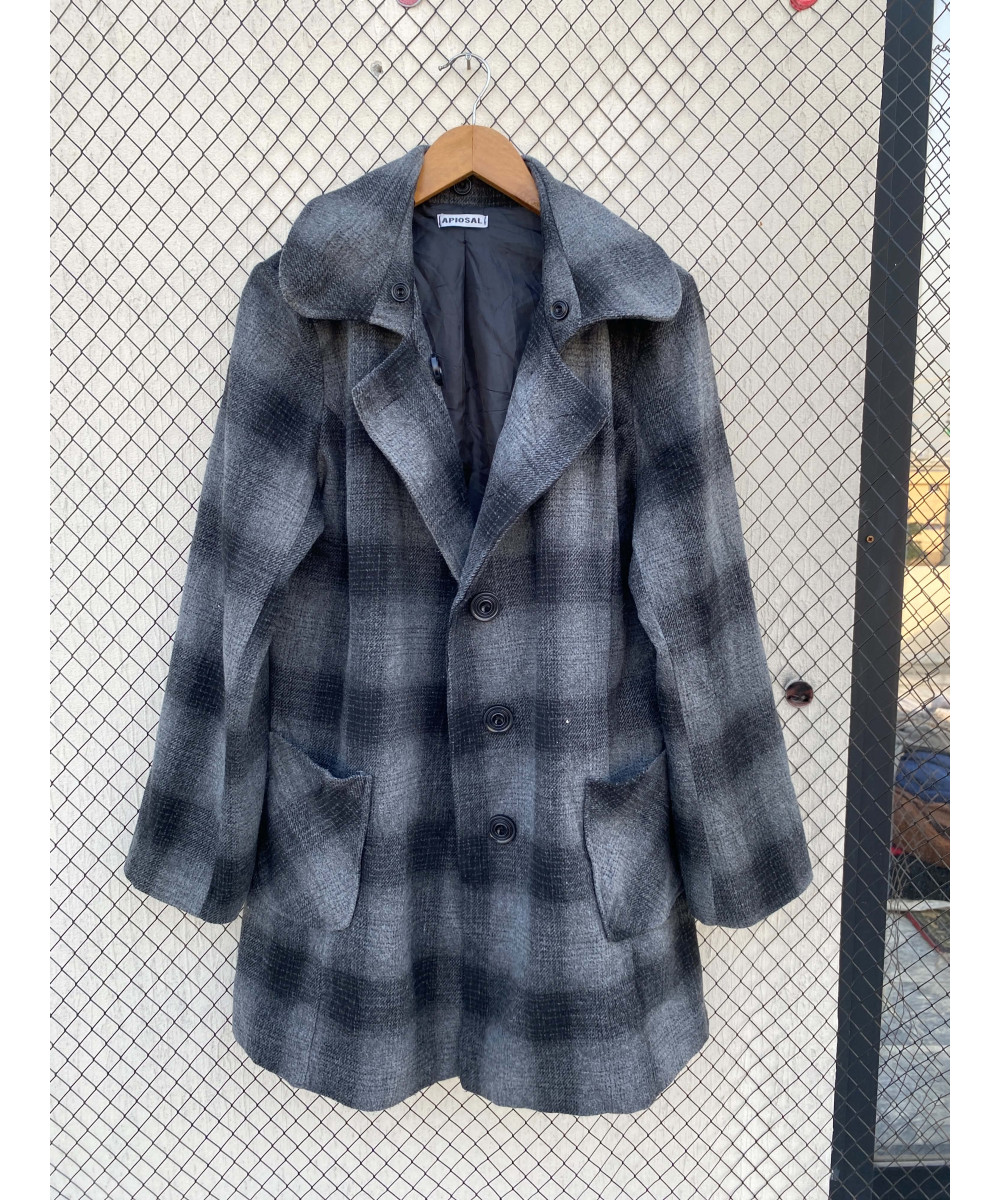 Gray, checkered, double-breasted, wool coat