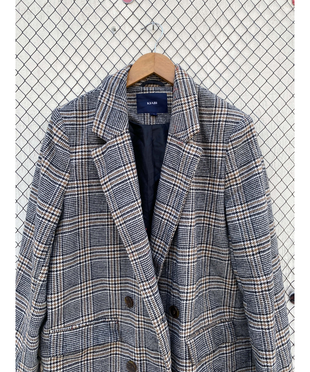 Houndstooth printed, double-breasted, wool coat