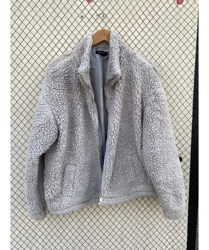 Light gray, teddy, zipper...