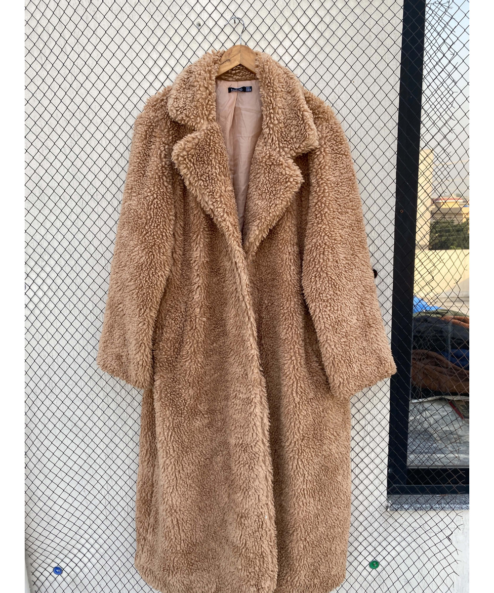 Brown, long, teddy coat
