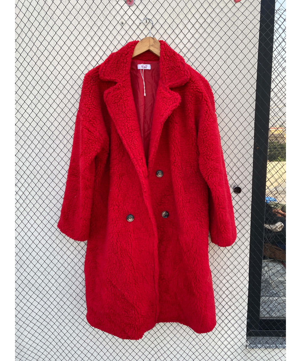 Red, long, teddy coat