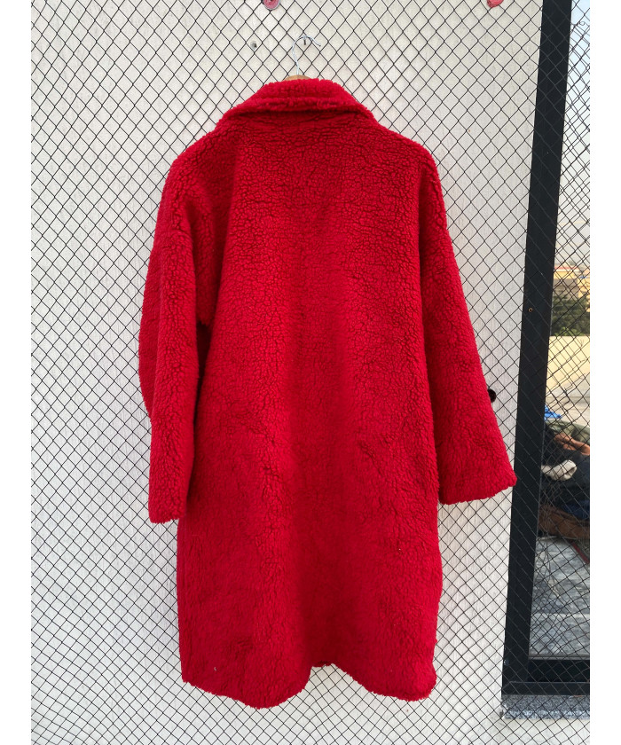 Red, long, teddy coat
