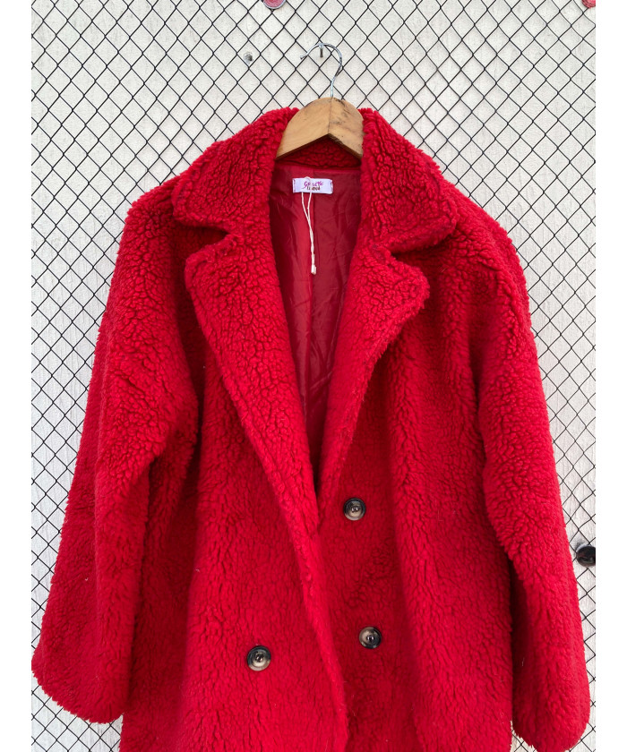Red, long, teddy coat