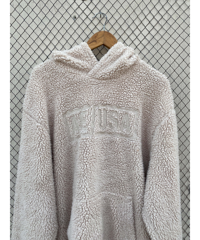 Ash white-colored, teddy, hooded, oversized pullover