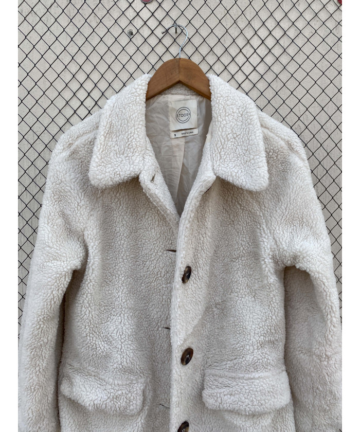 White, teddy, button-up coat