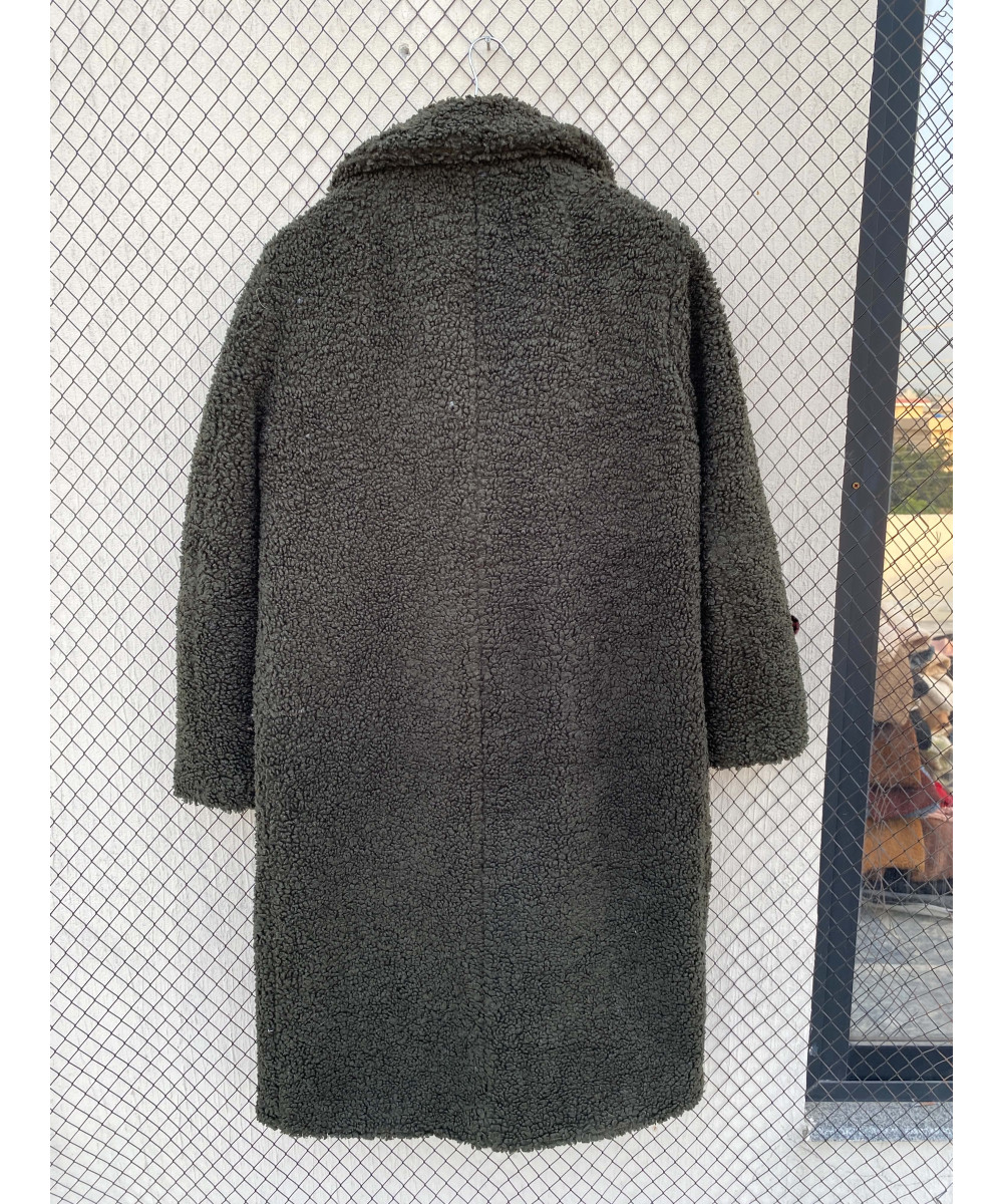 Army green-colored, long, teddy coat