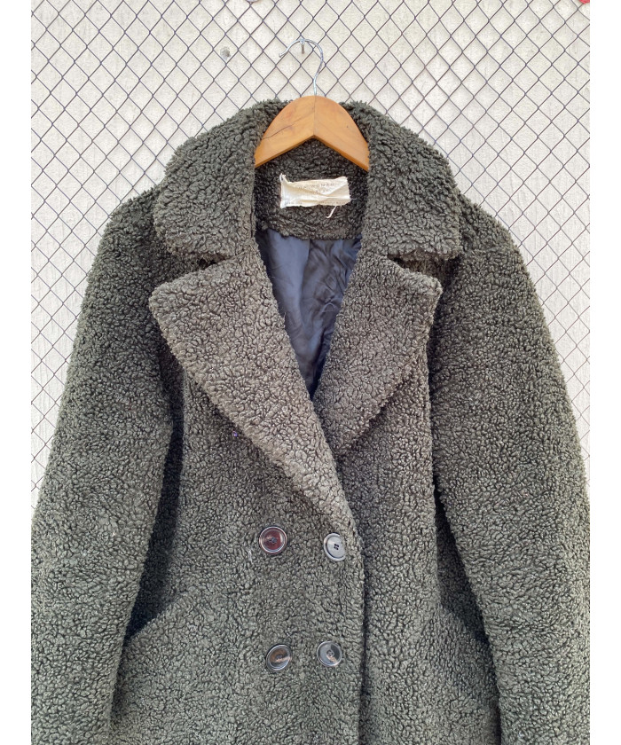 Army green-colored, long, teddy coat
