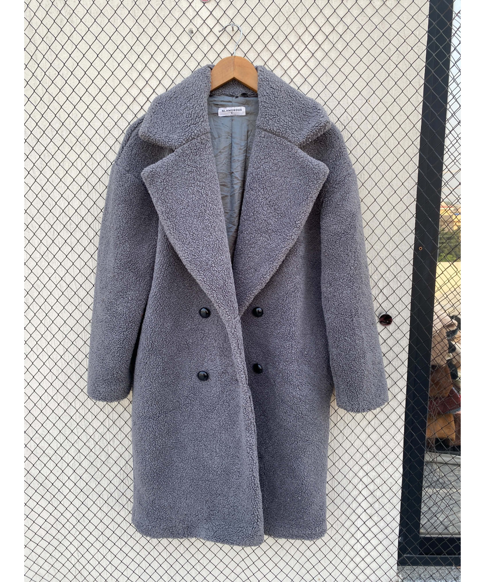 Gray, long, teddy coat