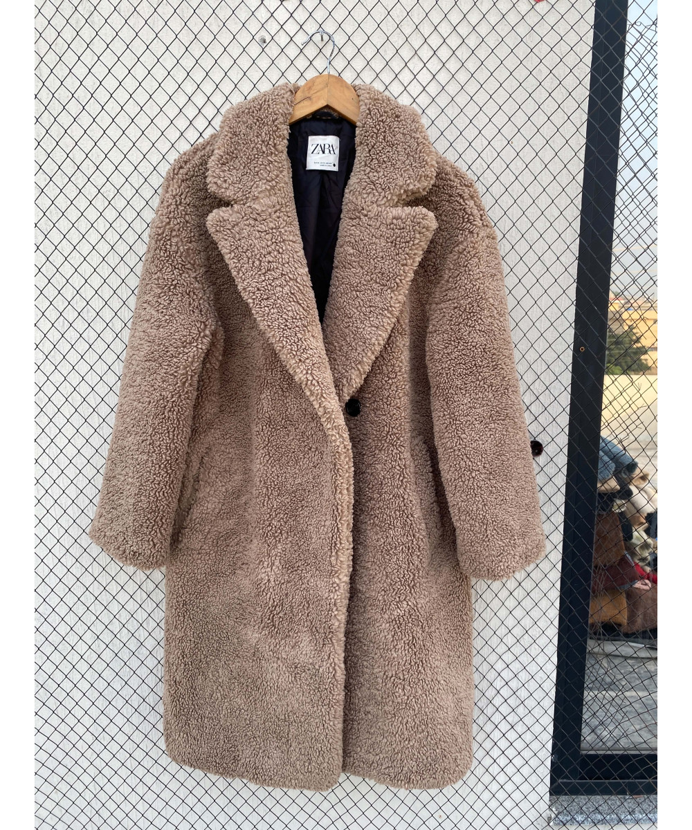 Fawn-colored, long, teddy coat