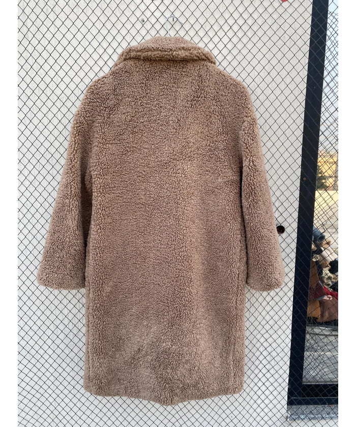 Fawn-colored, long, teddy coat