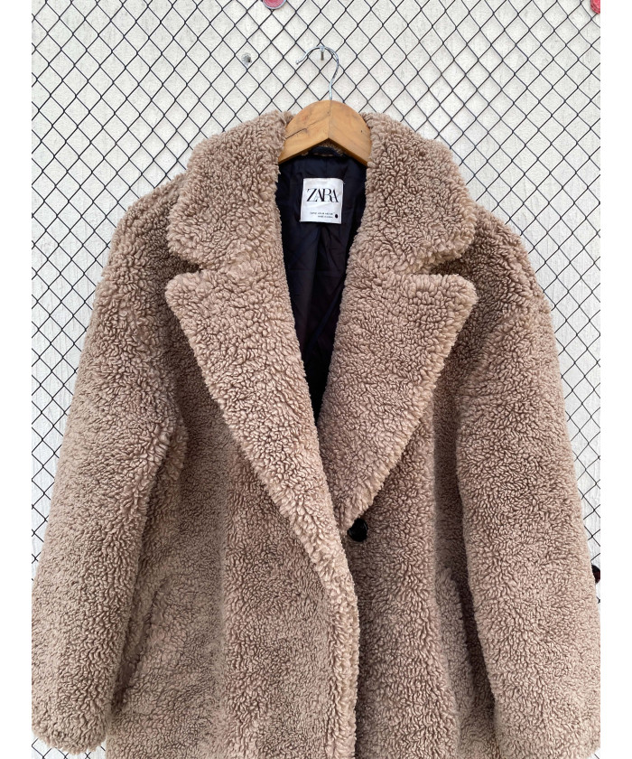 Camel-colored, long, teddy coat