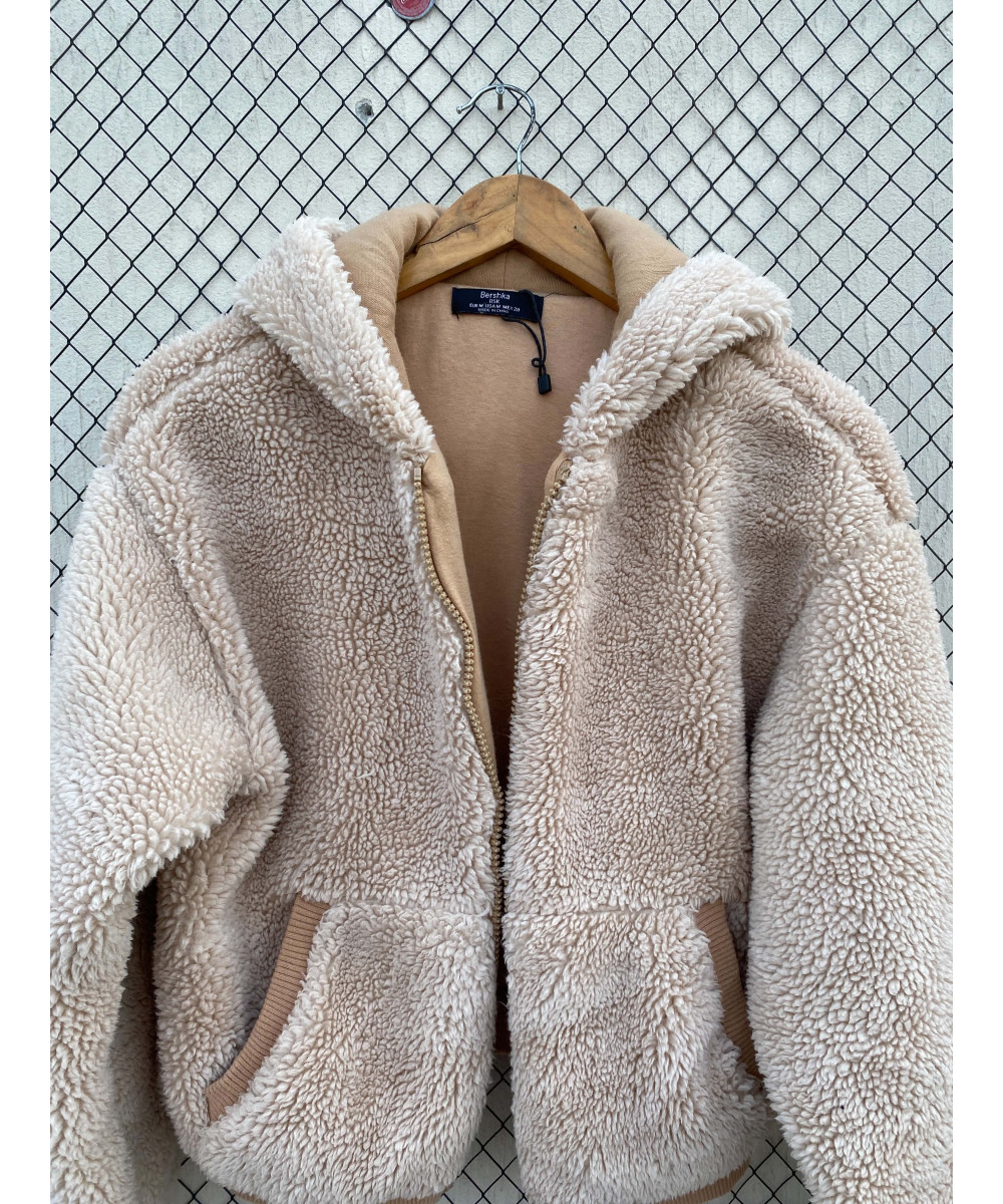 Light peach-colored, teddy, hooded jacket