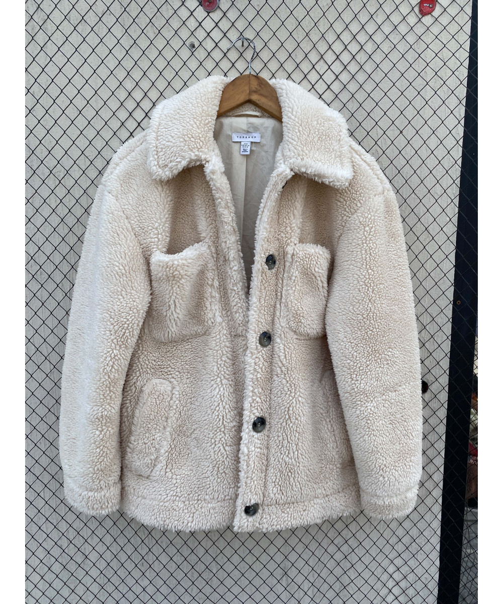 Cream-colored, teddy, button-up jacket