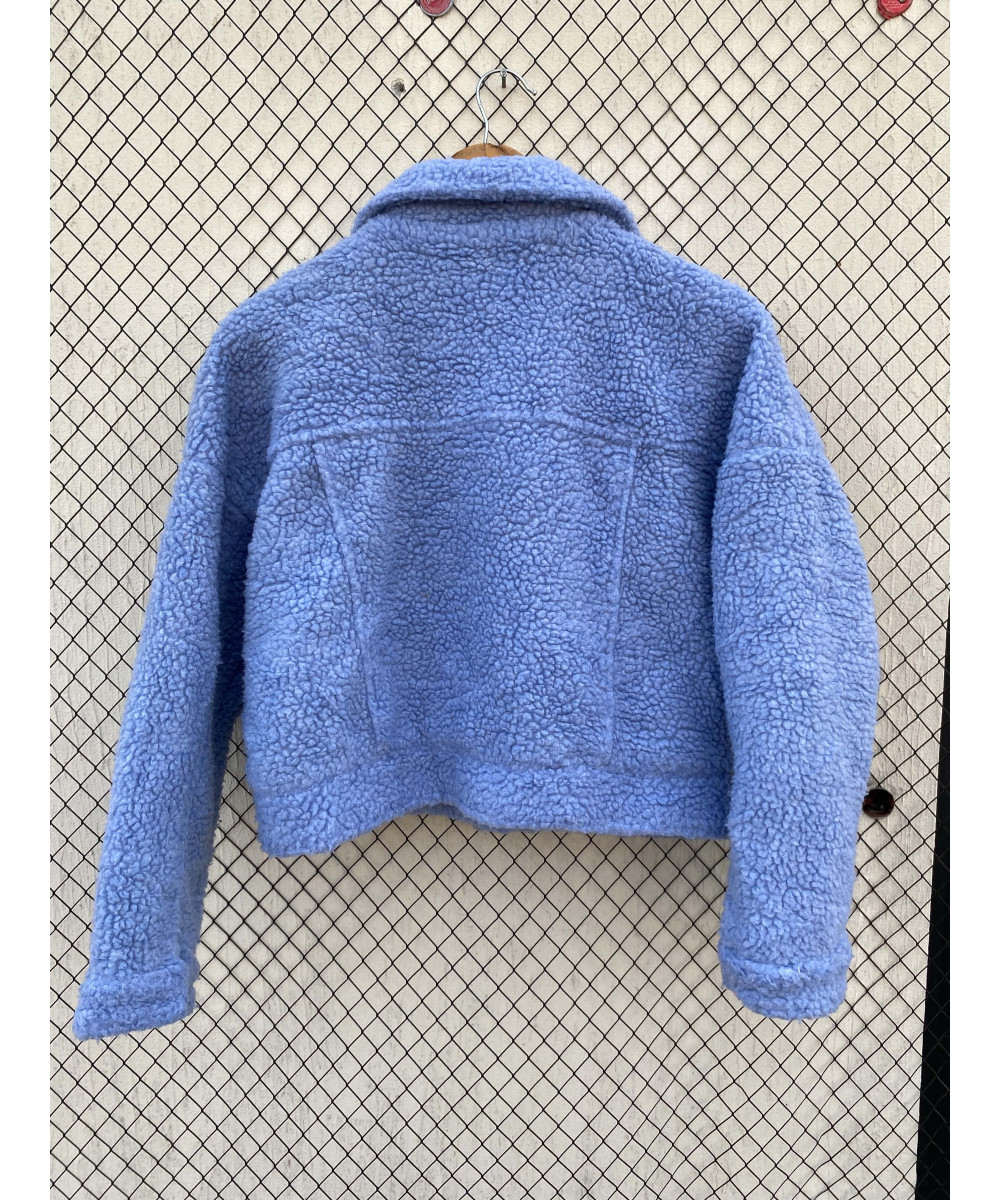 Powder blue-colored, crop, teddy jacket