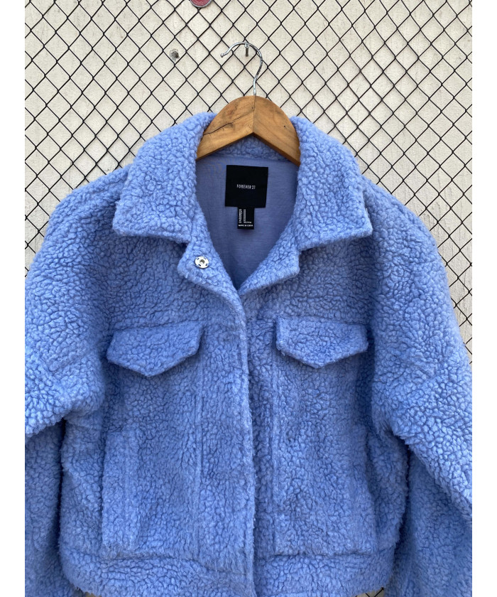 Powder blue-colored, crop, teddy jacket