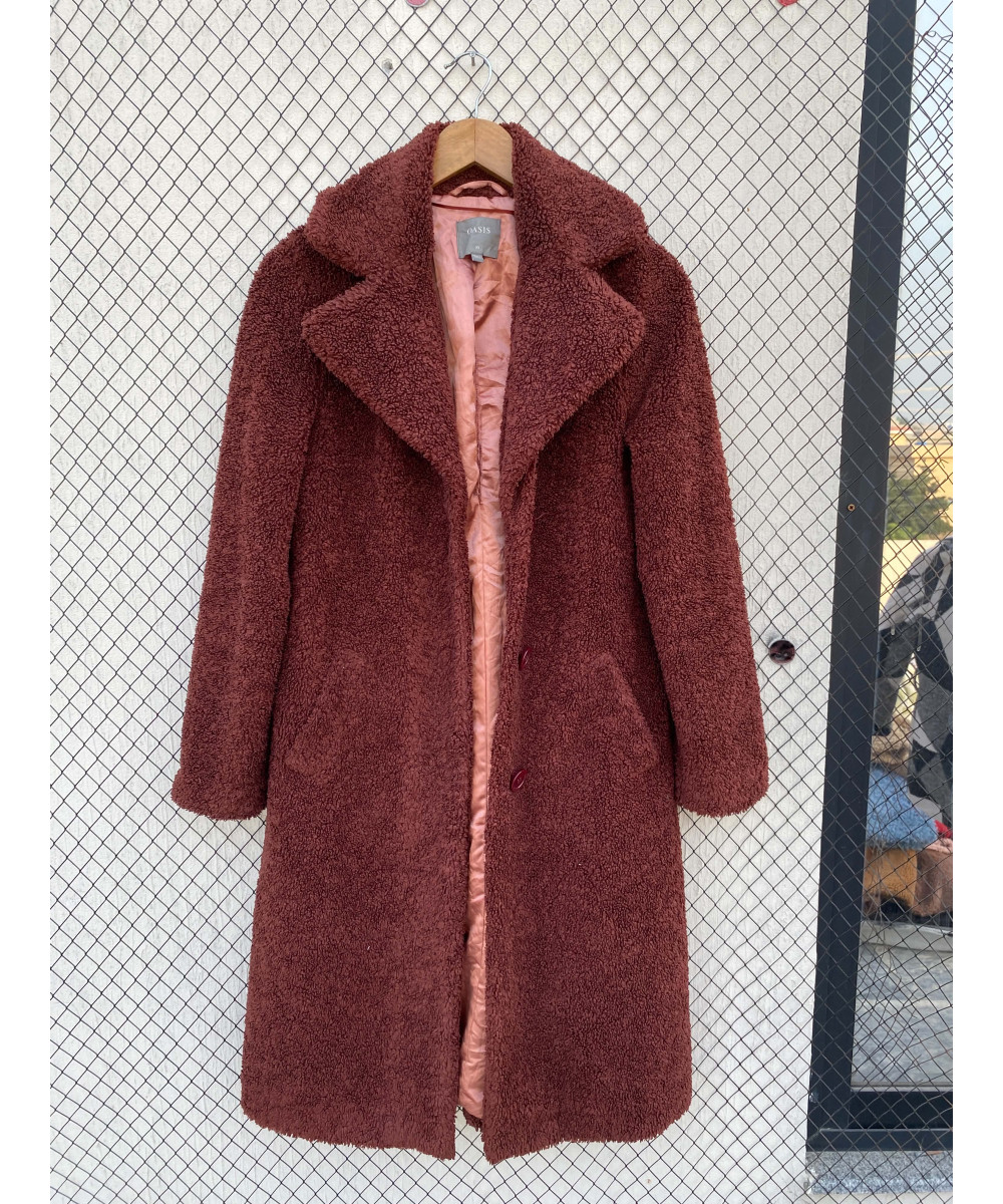 Terracotta brown-colored, long, teddy coat