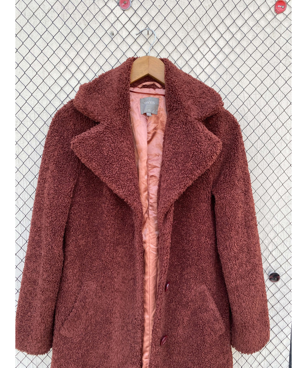 Terracotta brown-colored, long, teddy coat