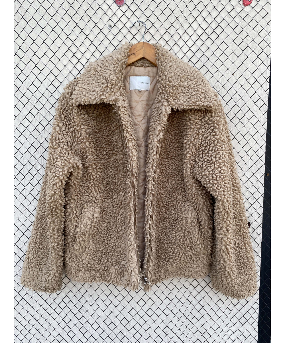 Fawn-colored, teddy, zipper jacket