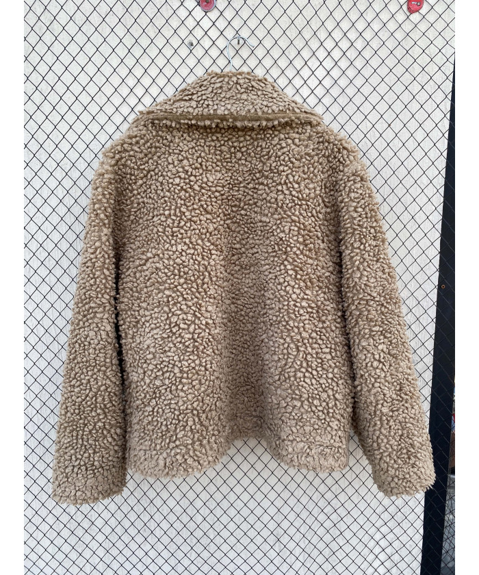 Fawn-colored, teddy, zipper...