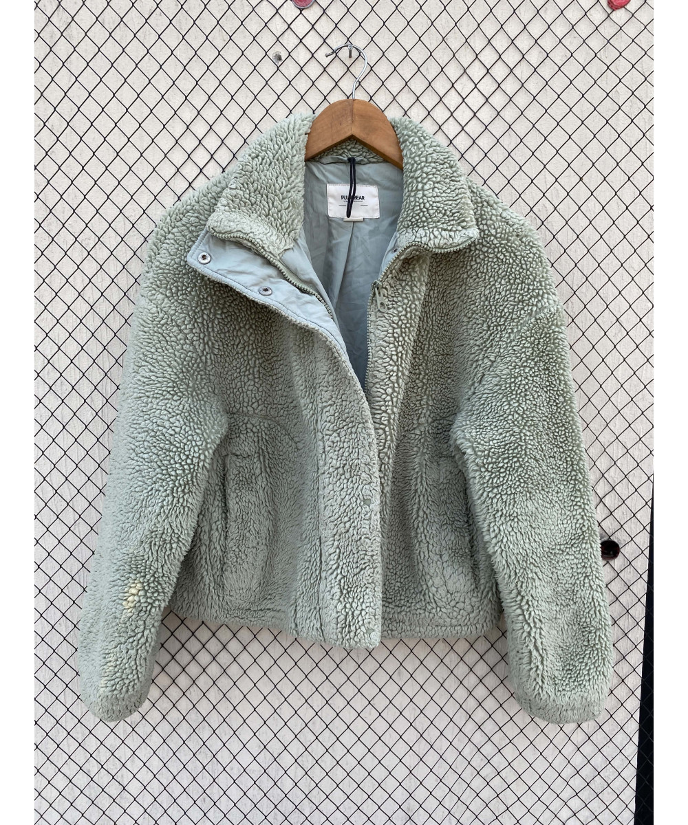 Mint green-colored, crop, teddy jacket