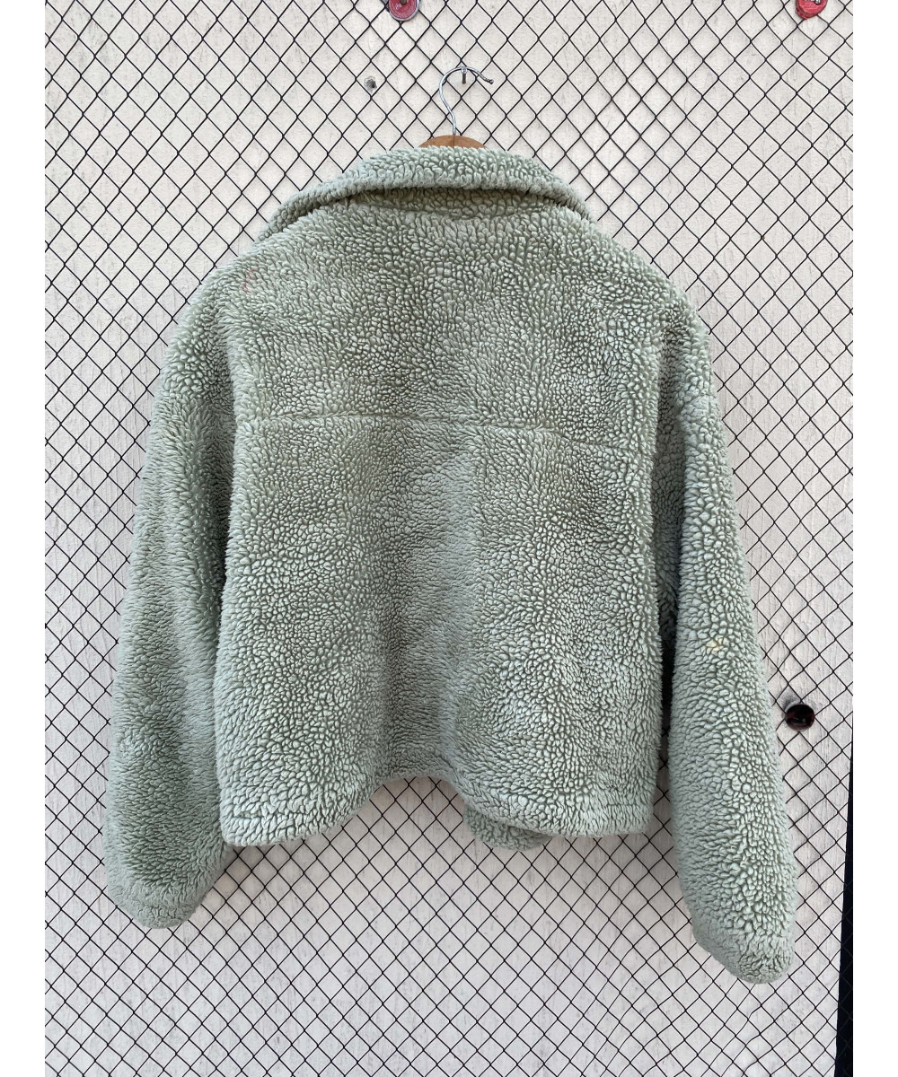 Mint green-colored, crop, teddy jacket