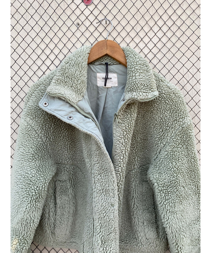 Mint green-colored, crop, teddy jacket