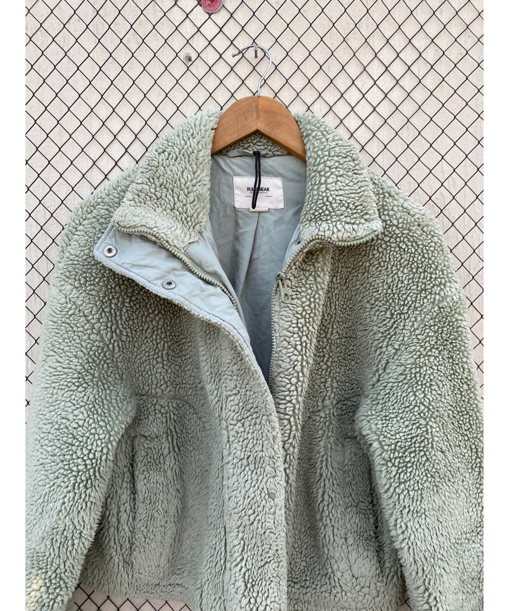 Mint green-colored, crop, teddy jacket