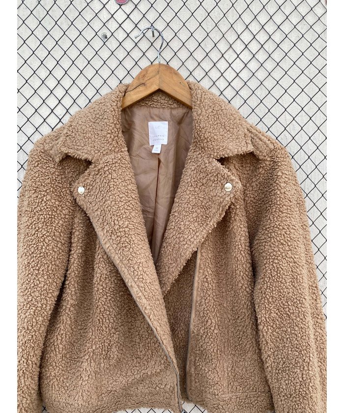 Amber brown-colored, teddy, bikers jacket