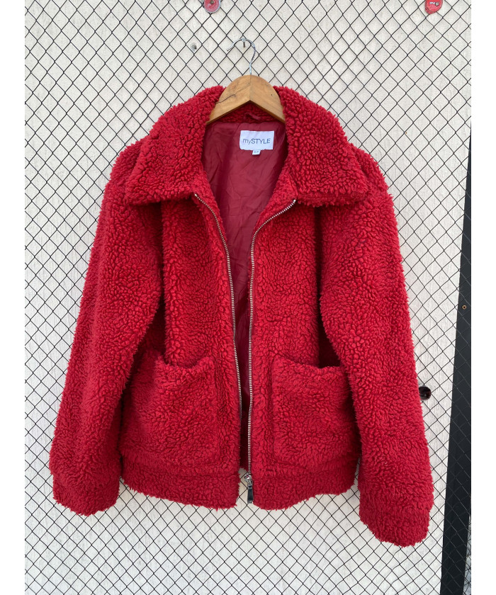 Red, teddy, zipper jacket