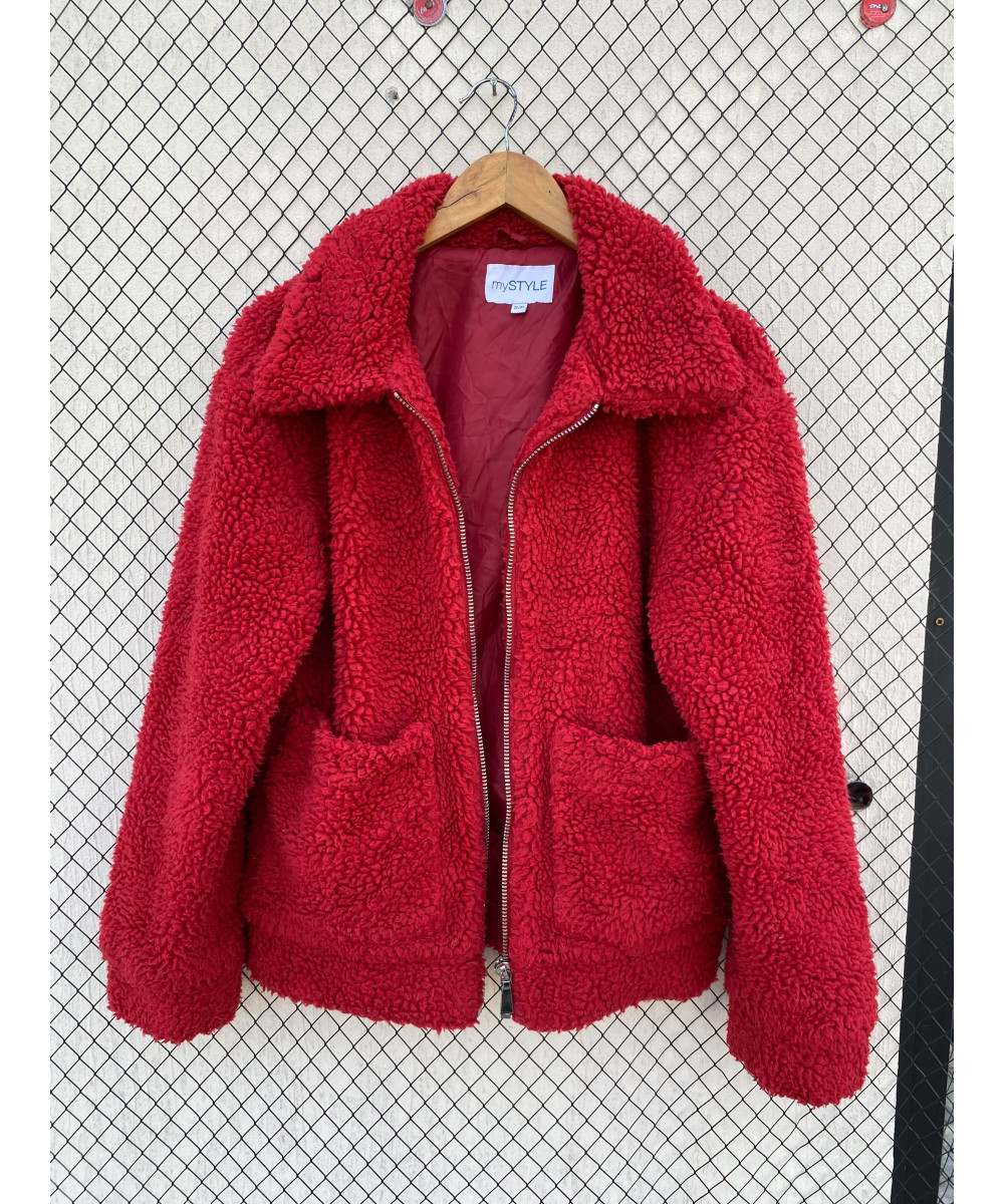 Red, teddy, zipper jacket