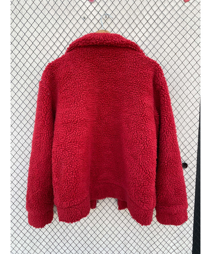 Red, teddy, zipper jacket