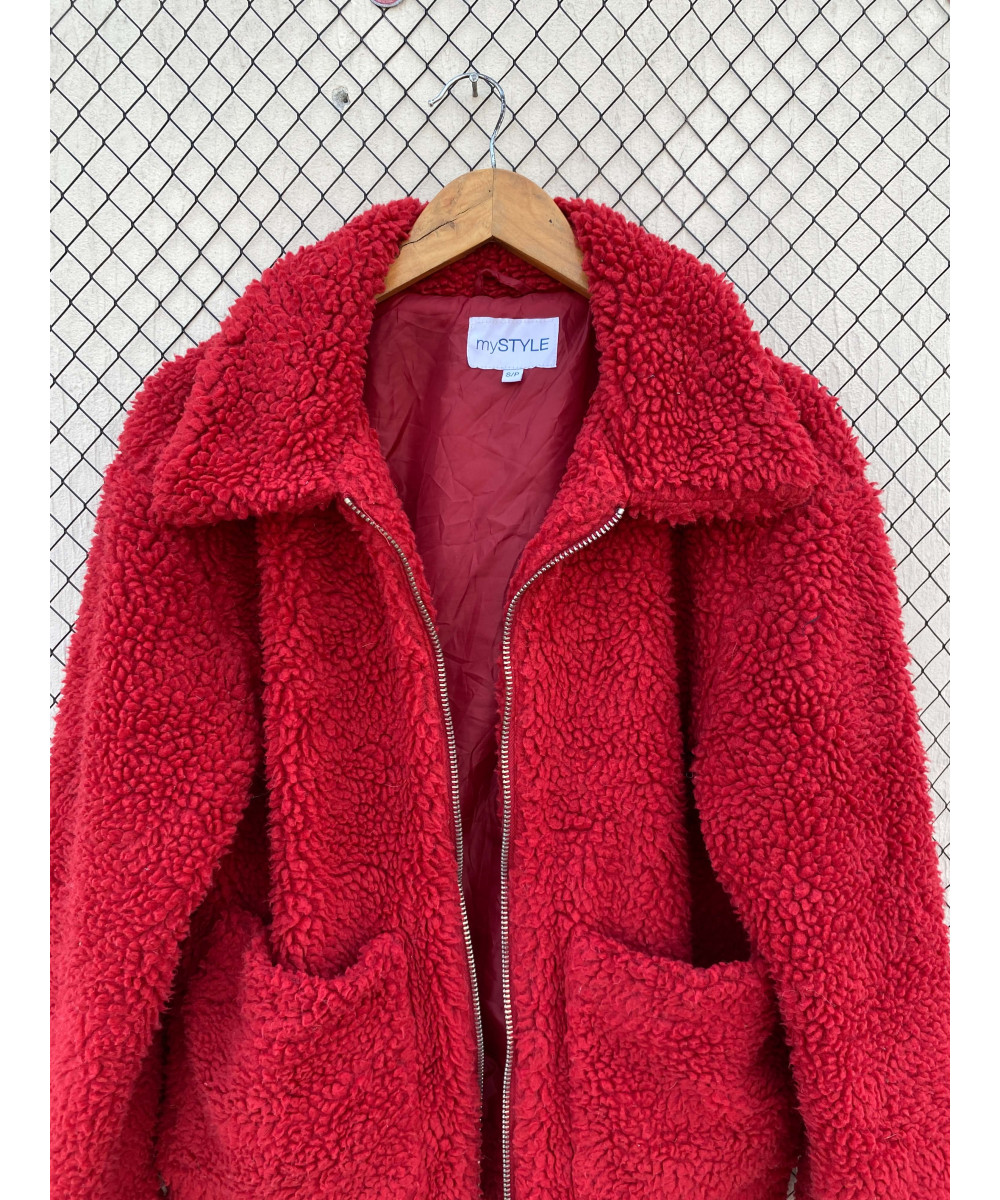 Red, teddy, zipper jacket