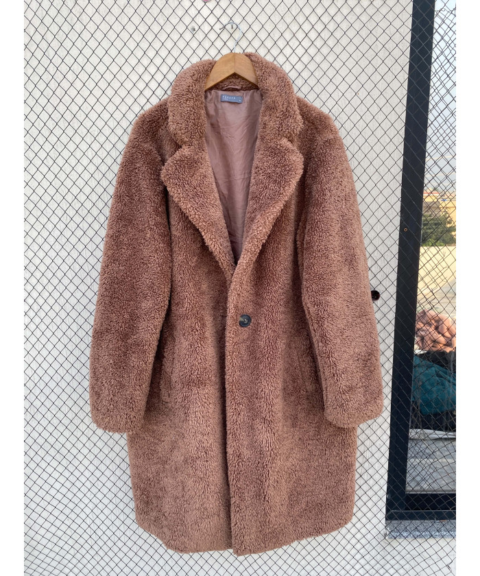 Brown, long, teddy coat