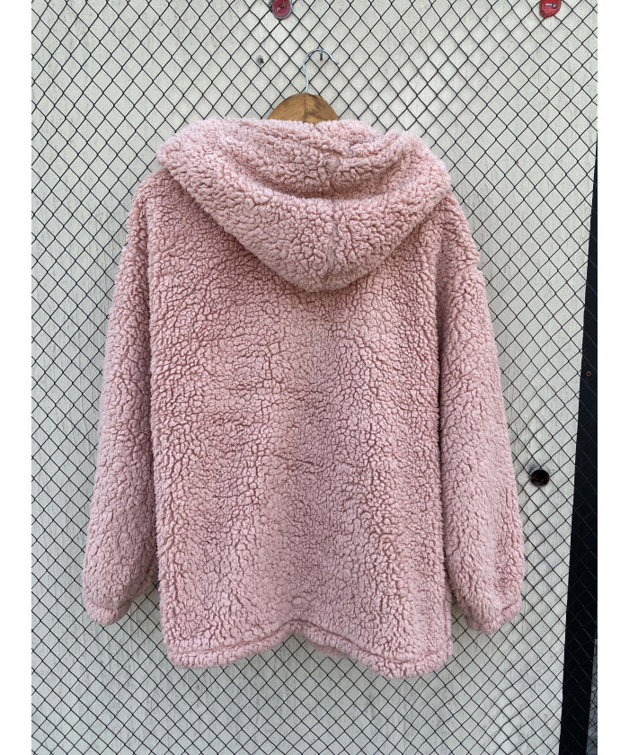 Pink, teddy, hooded jacket