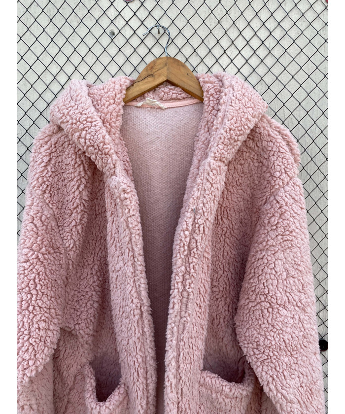 Pink, teddy, hooded jacket
