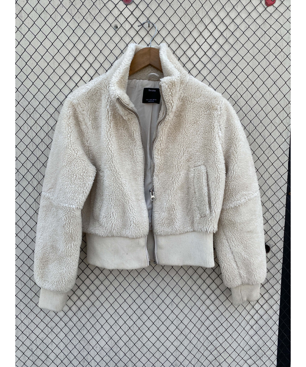 Off-white colored, teddy, crop, zipper jacket