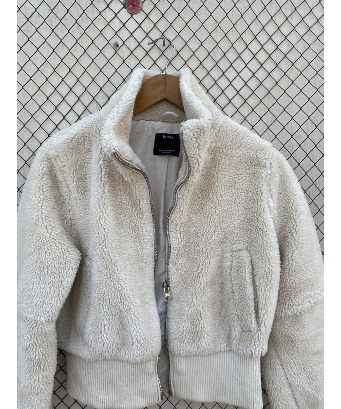 Off-white colored, teddy, crop, zipper jacket