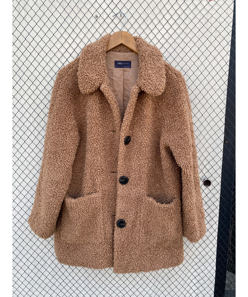 Amber brown-colored, teddy, button-up jacket