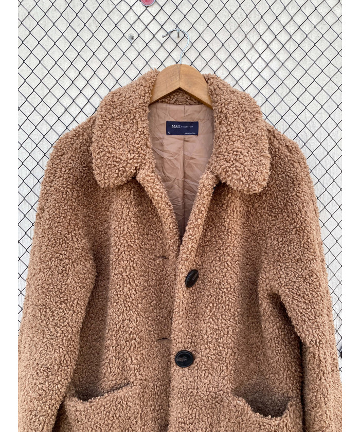 Amber brown-colored, teddy, button-up jacket