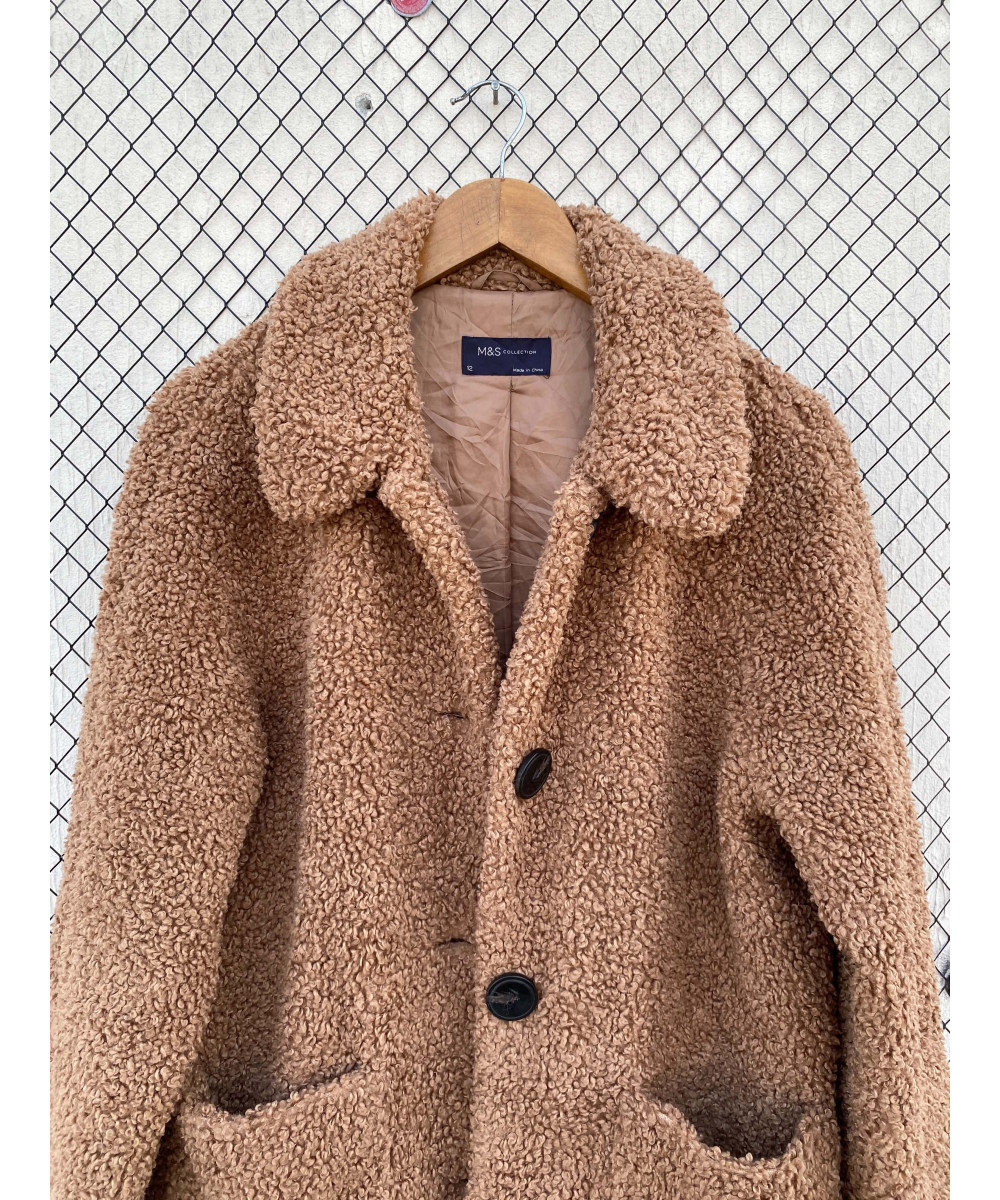Amber brown-colored, teddy, button-up jacket