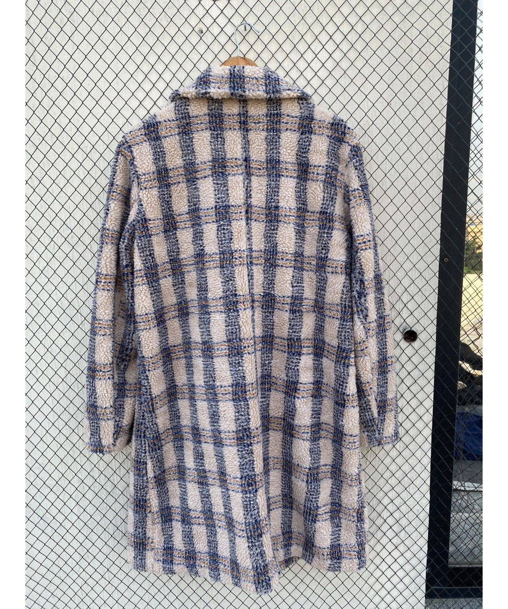 Blue, checkered, long, teddy coat