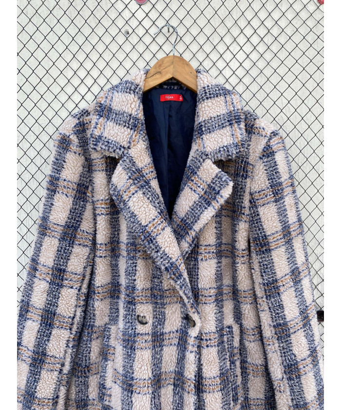 Blue, checkered, long, teddy coat